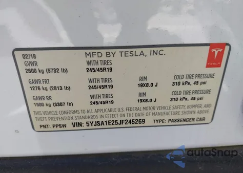 2018 Tesla Model S из США, поврежденный, VIN 5YJSA1E25JF245269